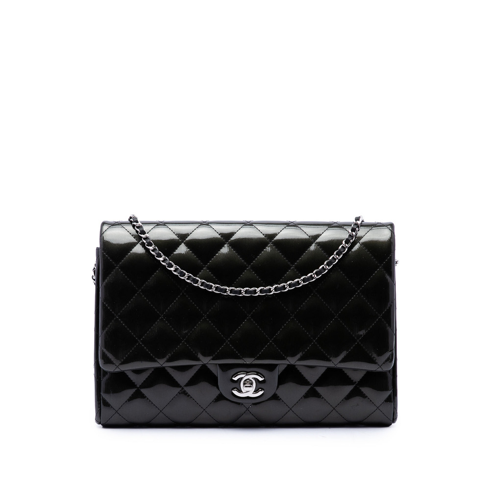 Pre-Loved Chanel CC Quilted Patent Striated Flap Clutch with Chain